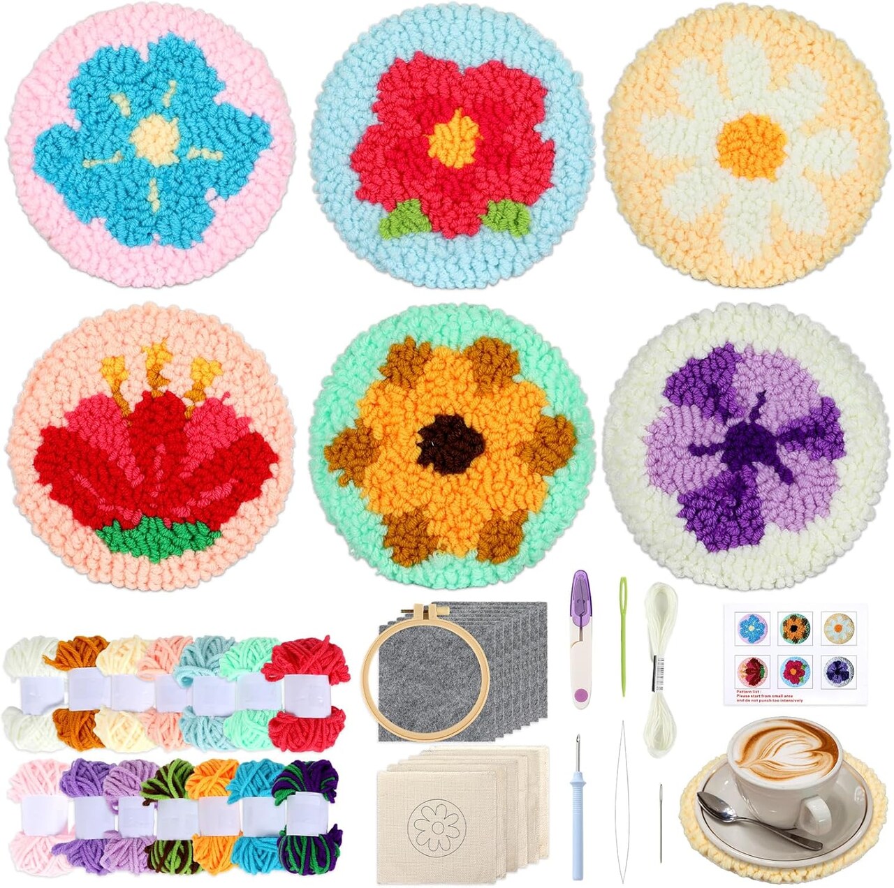 Punch Needle Coaster Kit for Beginners – 6 Floral Patterns, Embroidery Punch Needle Kit with Yarn, Adhesive Felt, Hoop, Instructions – DIY Coaster Art for Adults & Kids